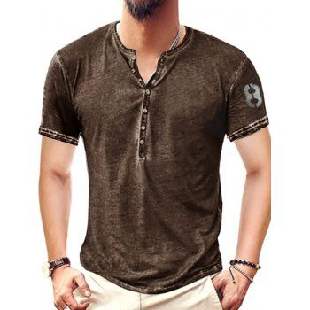 

Casual T Shirt Heather Number Print Half Button Round Neck Short Sleeve Summer Tee, Brown