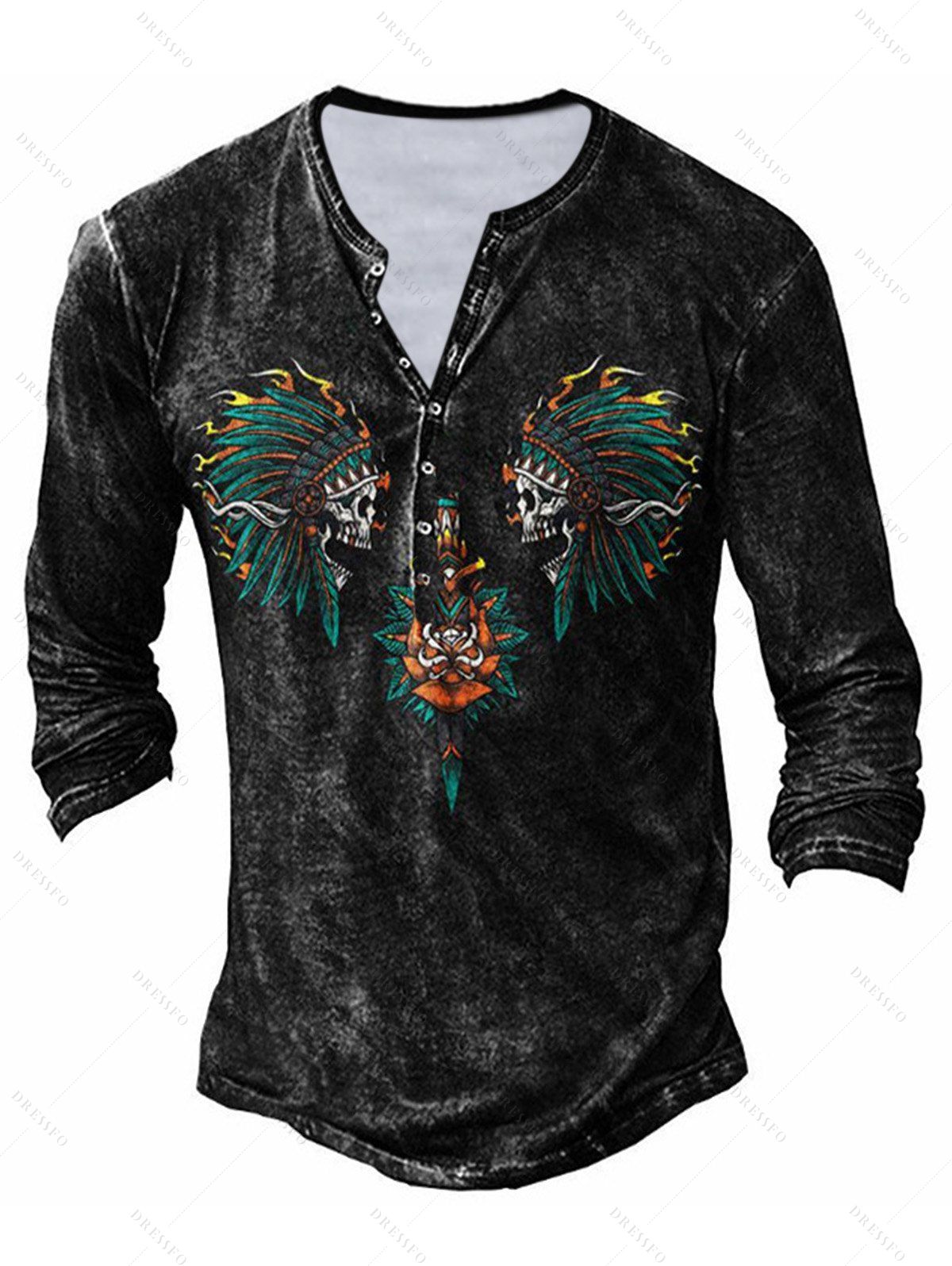 Casual T Shirt Tribal Skull Print Half Button Long Sleeve Round Neck Trendy Spring Tee - BLACK 3XL