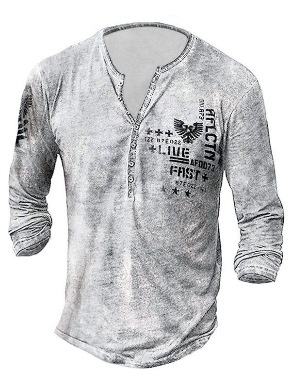 T-Shirt de Printemps Décontracté Manches Longues à Col Rond à Imprimé Ailes et Boutons à Demi - Blanc XL