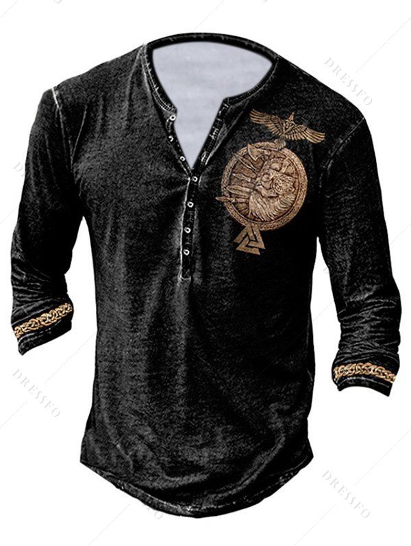 Casual T Shirt Badge Eagle Print Long Sleeve Half Button Round Neck Trendy Spring Tee - BLACK 3XL