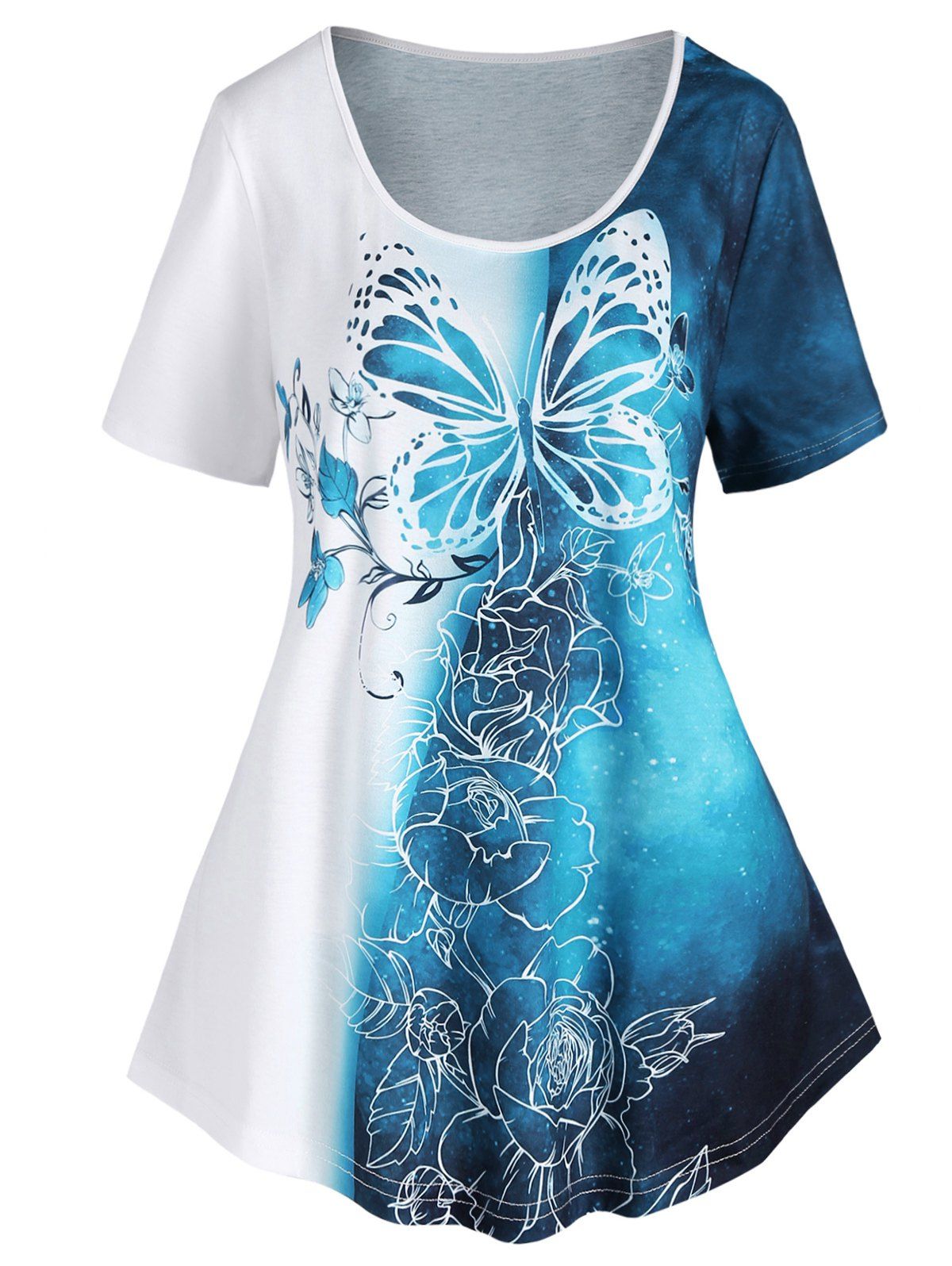 T-shirt en Bloc de Couleur Ombre à Imprimé Galaxie Fleur et Papillon - Bleu XL