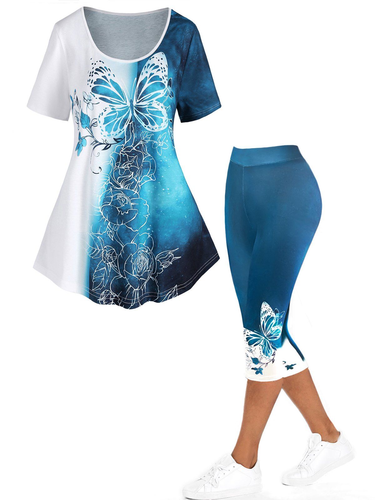 Colorblock Ombre Butterfly Flower Print Tee And Capri Leggings Summer Outfit - BLUE S