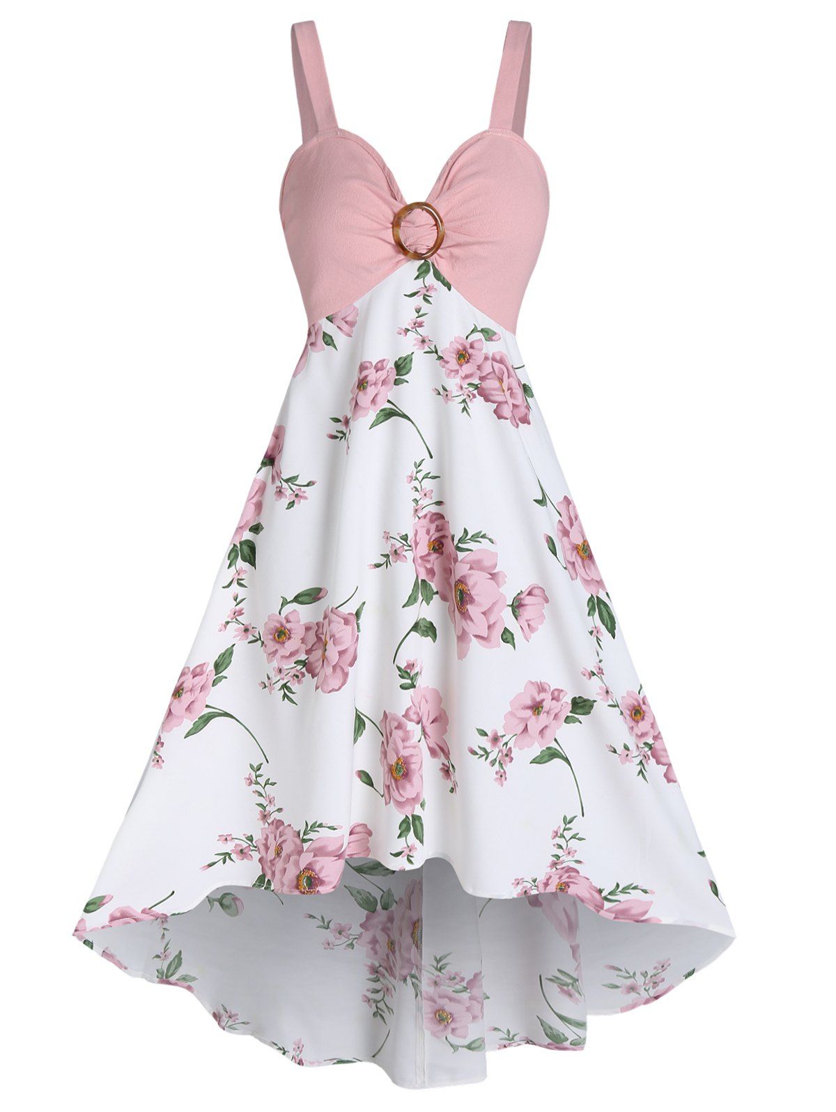 O Ring Flower Print Cami Midi Dress - LIGHT PINK XL