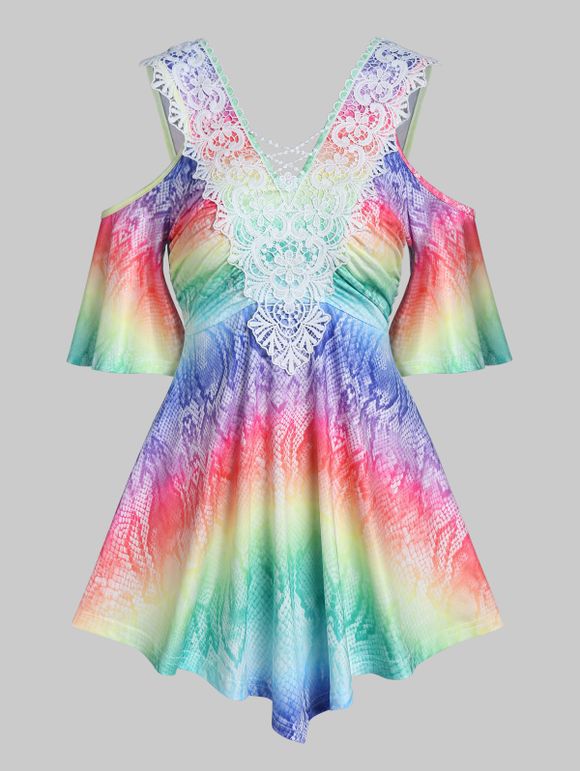 Colorful Rainbow Print T Shirt Cold Shoulder Flower Crochet Lace Summer Tee - multicolor XXXL
