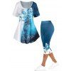Colorblock Ombre Butterfly Flower Print Tee And Capri Leggings Summer Outfit - BLUE S