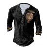 Casual T Shirt Badge Eagle Print Long Sleeve Half Button Round Neck Trendy Spring Tee - BLACK 3XL