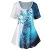 T-shirt en Bloc de Couleur Ombre à Imprimé Galaxie Fleur et Papillon - Bleu M