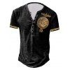 T-Shirt D'Eté Décontracté Vintage à Imprimé Aigle Badge à Demi-Bouton Manches Courtes à Col Rond - Jaune L