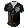 T-Shirt D'Eté Décontracté Vintage à Imprimé Aigle Badge à Demi-Bouton Manches Courtes à Col Rond - Bleu XL