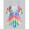 Colorful Rainbow Print T Shirt Cold Shoulder Flower Crochet Lace Summer Tee - multicolor XL