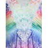 Colorful Rainbow Print T Shirt Cold Shoulder Flower Crochet Lace Summer Tee - multicolor XXXL