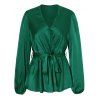 Long Sleeve Blouse Pure Color Blouse V Neck Belted Satin Top - GREEN M