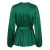 Long Sleeve Blouse Pure Color Blouse V Neck Belted Satin Top - GREEN M