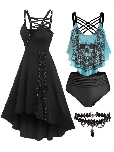 Gothic Eyelet Lace Up Plunging Neck High Low Dress Skull Flower Print Tankini Swimsuit And Lace Choker Necklace Summer Outfit