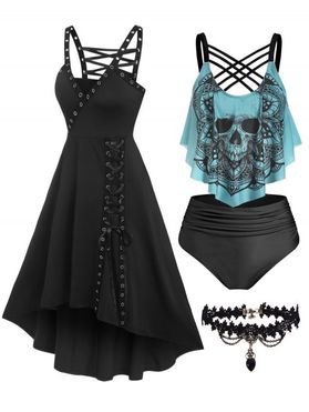 Gothic Eyelet Lace Up Plunging Neck High Low Dress Skull Flower Print Tankini Swimsuit And Lace Choker Necklace Summer Outfits