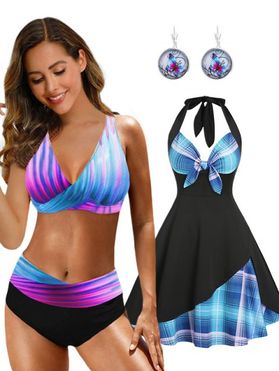 Plaid Knotted Corset Style A Line Dress Colorful Stripe Print Bikini Swimsuit And Bohemian Butterfly Drop Earrings Outfit