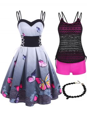 Lace Up Skull Butterfly Print Dual Strap Dress Crochet Modest Tankini Swimsuit And Gothic Choker Necklace Summer Outfit
