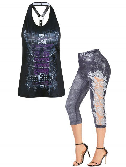 Gothic Belt Skull Bat O Ring Tank Top and Hollow Out Floral Lace Panel Capri Leggings Summer Outfit