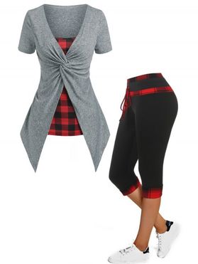 Plaid Pattern Twist Short Sleeve 2 In 1 Tee And High Rise Plaid Skinny Capri Pants Summer Outfit