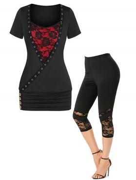 Gothic Style Rose Lace Mock Button Eyelet Ruched Tee And Capri Leggings Summer Outfit