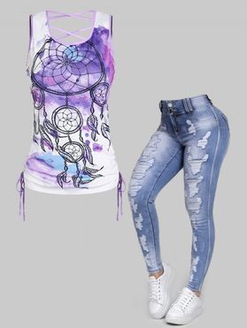 Bohemian Dreamcatcher Painting Print Tank Top And Light Wash Pockets Ripped Skinny Jeans Outfits