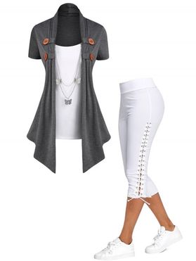 Contrast Draped Mock Button With Butterfly Chain 2 In 1 T Shirt and Lace Up Skinny Crop Leggings Summer Outfit