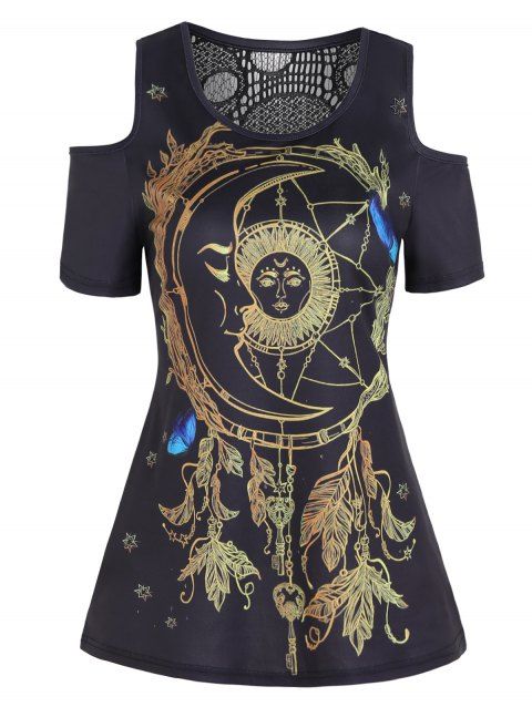 Gothic T Shirt Celestial Sun Moon Butterfly Print T-shirt Skull Pattern Lace Insert Tee Cold Shoulder Short Sleeve T Shirt