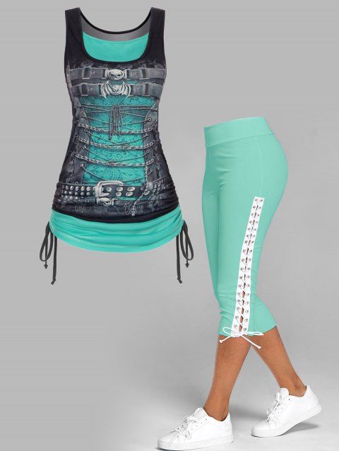 Contrast Colorblock Skull Bat Printed Cinched Tank Top and Lace Up Skinny Crop Leggings Gothic Outfit