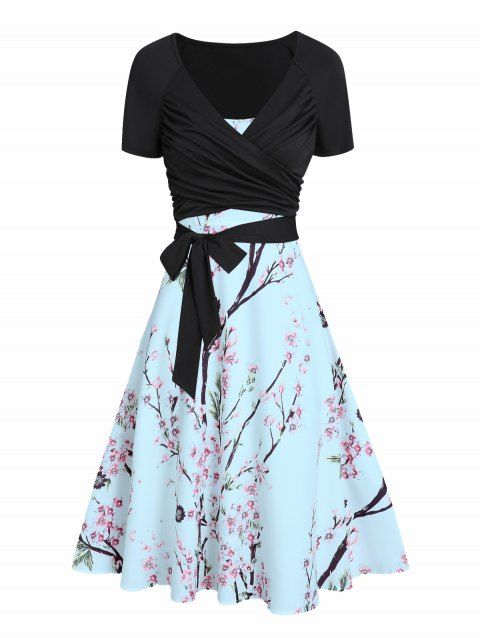 Peach Blossom Floral Print A Line Vacation Sundress and Bowknot Surplice T Shirt Two Piece Summer Set
