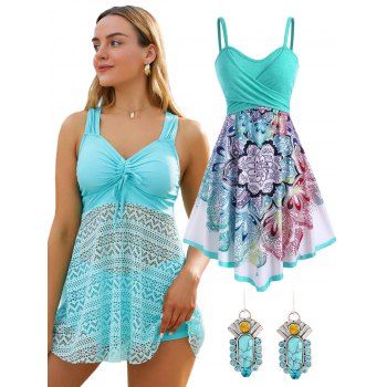 

Flower Crossover Midi Dress and Cut Out Cinched Tankini Swimwear and Sunflower Artificial Turquoise Rhinestone Earrings Outfit, Multicolor