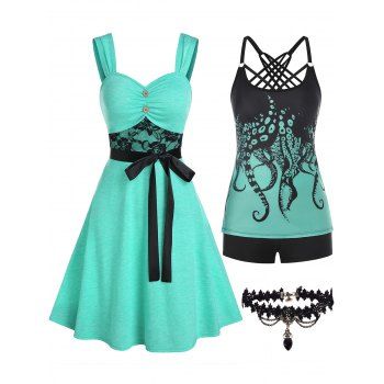 Lace Insert Mock Button Belted Dress Octopus Print Modest Tankini Swimsuit And Heart Pendant Lace Choker Necklace Summer Outfit