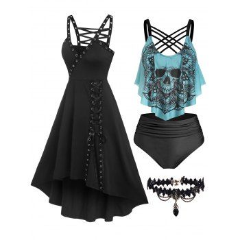 

Gothic Eyelet Lace Up Plunging Neck High Low Dress Skull Flower Print Tankini Swimsuit And Lace Choker Necklace Summer Outfit, Multicolor