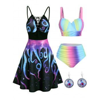 

Galaxy Octopus Print Lace Up Cami Dress and Ombre Tankini Swimsuit and Circle Butterfly Earrings Outfit, Multicolor