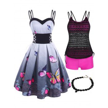 

Lace Up Skull Butterfly Print Dual Strap Dress Crochet Modest Tankini Swimsuit And Gothic Choker Necklace Summer Outfit, Multicolor