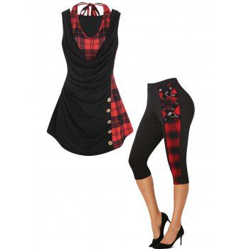 

Plaid Print Draped Twofer Ruched Tank Top and Grommet Buckle Capri Leggings Summer Vintage Outfit, Multicolor