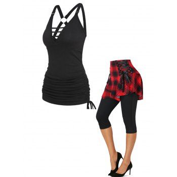 

O Ring Cinched Ruched Tie Tank Top and Plaid Print Lace Up Checked Skirted Capri Leggings Summer Gothic Outfit, Multicolor