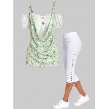 

Flower Print Cold Shoulder Faux Twinset T Shirt and Lace Up Skinny Crop Leggings Summer Casual Outfit, Multicolor