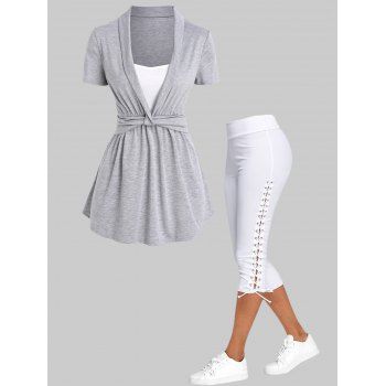 

Colorblock Twisted Fold Over Heather T Shirt And Lace Up Skinny Capri Leggings Summer Outfit, Multicolor