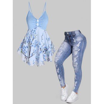 

Floral Print Chiffon Insert Corset Style Skirted Cami Top And Zipper Fly Light Wash Ripped Long Skinny Jeans Outfit, Multicolor