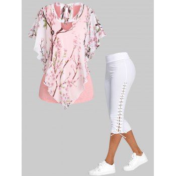 

Peach Bloom Flower Print Chiffon Overlay Heathered Tee And Lace Up Capri Leggings Summer Outfit, Multicolor