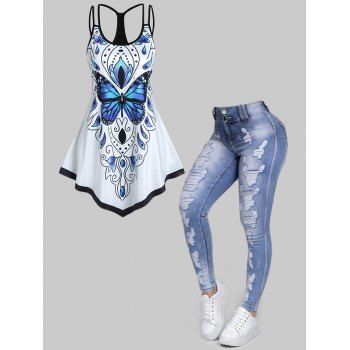

Bohemian Floral Butterfly Print Ringer Cut Out Top And Light Wash Pockets Ripped Long Skinny Jeans Outfits, Multicolor