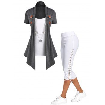 

Contrast Draped Mock Button With Butterfly Chain 2 In 1 T Shirt and Lace Up Skinny Crop Leggings Summer Outfit, Multicolor
