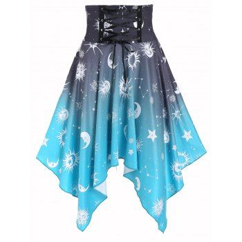 

Vintage Skirt Lace Up Sum Moon Star Print Handkerchief Hem Midi Summer Trendy Skirt, Black