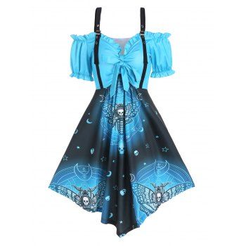 

Gothic Dress Skull Butterfly Celestial Pattern Dress Cold Shoulder Ruffle Short Sleeve Bowknot Asymmetric Dress, Light blue