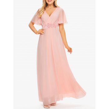 

Women Party Dress Surplice Mesh Overlay Guipure Flutter Sleeve High Waist A Line Maxi Dress, Light pink