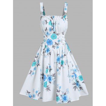 

Flower Print Vacation Sundress Ruffle Garden Party Dress Ruched Bust Corset Dress, Light green