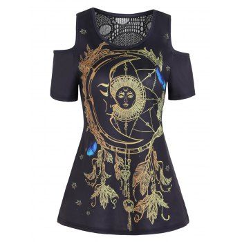 

Gothic T Shirt Celestial Sun Moon Butterfly Print T-shirt Skull Pattern Lace Insert Tee Cold Shoulder Short Sleeve T Shirt, Black