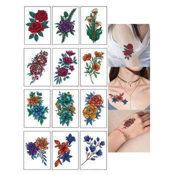

12 Pcs Tattoo Stickers Flower Stickers Waterproof Trendy Temporary Stickers Set, Multicolor