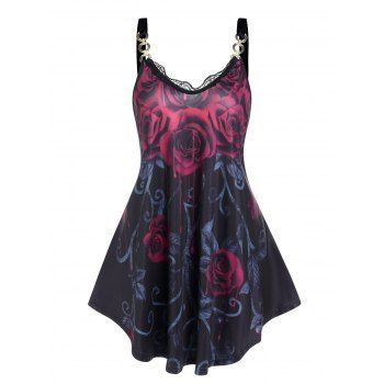

Gothic Tank Top Leaf Rose Print Tank Top Lace Panel Casual Summer Top, Black