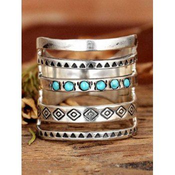 

Bohemian Ring Cut Out Geometric Pattern Vintage Ring Faux Turquoise Alloy Wide Ring, Silver